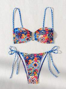 SHEIN Swim 女性時尚假日風夏季印花比基尼游泳服套裝 - 彩色 - 查看 3