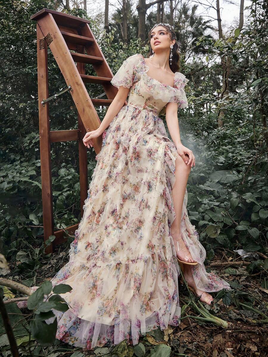 Faeriesty 优雅迷人的女士方领短袖长款派对礼服，开衩设计，饰有荷叶边，完美适用于春季婚礼、花园派对、户外林地庆典、浪漫晚餐、正式肖像拍摄、湖畔聚会、梦幻晚宴、返校节和毕业典礼、生日派对、春季夏季度假等场合。