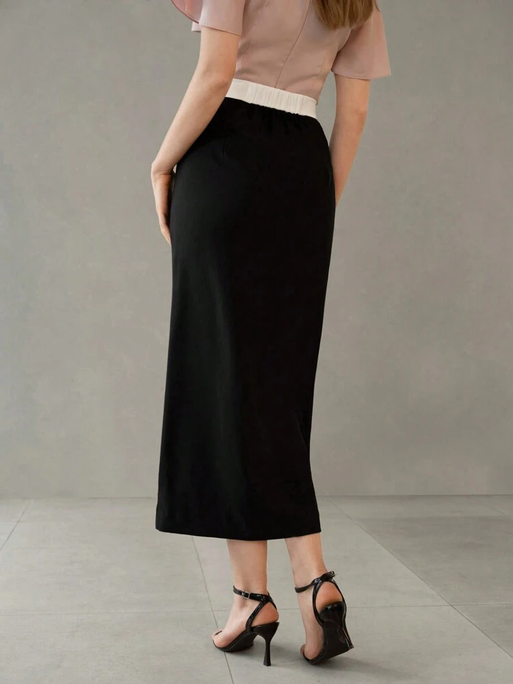 CONTRAST PIPING BUTTON SPLIT THIGH SKIRT