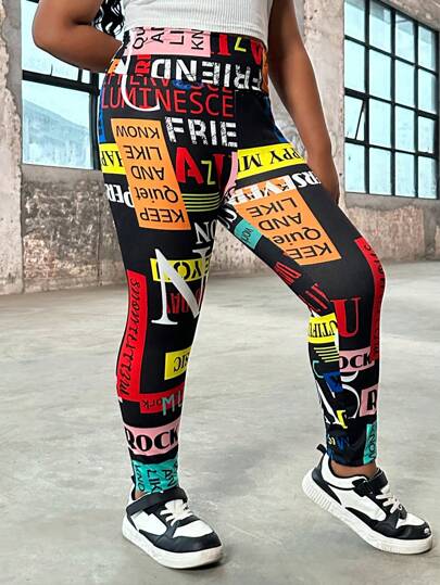 SHEIN Tween Girls Extended Size Street Style Casual Stretchy Knit Leggings, Spring/Summer