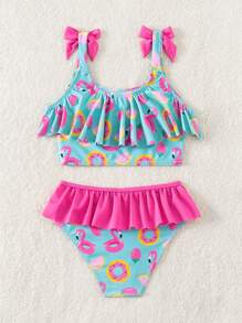 Young Girl Bowknot Swim Ring Printed Ruffle Bikini Set With Ruffled Bottoms Bikini Set Summer Beach - Multicolor - View 2