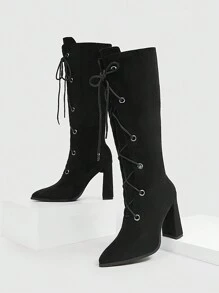 Ladies' Stylish & Comfortable Classic Black Front Lace Pointed-toe Chunky Heel Boots