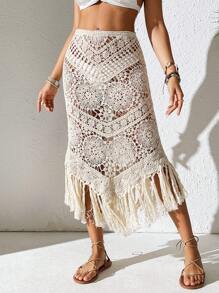 Swim Vcay 女士时尚镂空流苏下摆半身裙罩衫，夏季海滩 - 杏色 - 查看 3