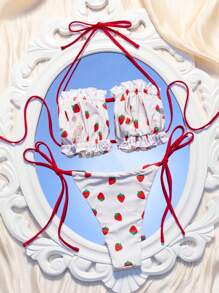 SHEIN Swim Women's Strawberry Printed Ruffle Bandeau Cut-Out Sexy Bikini Set For Vacation,Summer Beach - Multicolor - View 2