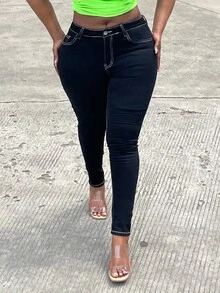 蝴蝶刺繡緊身牛仔褲 - 黑色 - 查看 5