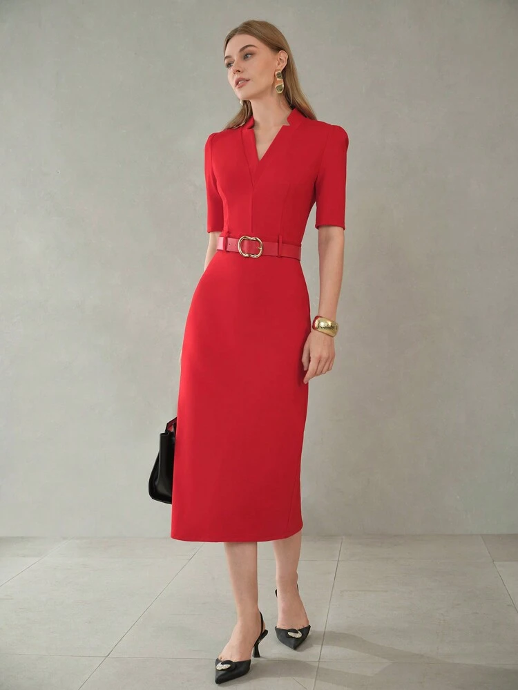 SOLID V-NECK SLIM FIT BUCKLE BELTED DRESS