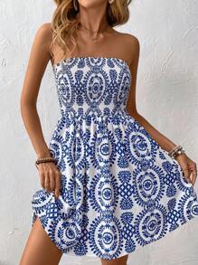 Breezaya Women Fashionable Blue Printed Strapless Dress Vacation Beach Outfit
