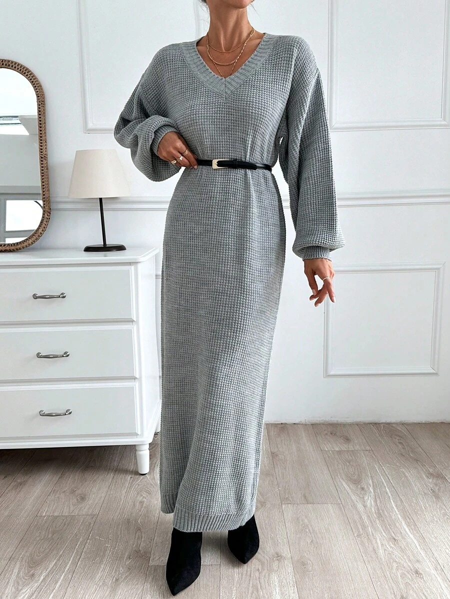 V Neck Oversize Midi Dress Elegant Street Casual Simple - Light Grey - View 1