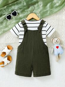 SHEIN Young Girl Summer New Casual Round Neck Stripe Short Sleeve Top With Strap Shorts 2pcs/Set - Multicolor - View 2