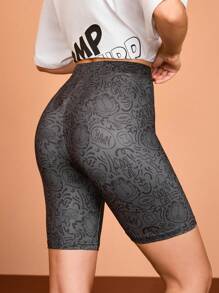 GARFIELD X SHEIN Women Casual Sports Cartoon Printed Elastic Waist Cycling Shorts Workout Black Leggings For Summer