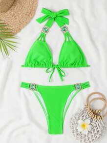 SHEIN Swim Women Summer Beach Solid Halter Neck Vacation Style Neon Bikini Set - Lime Green - View 3