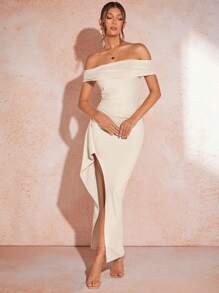 SHEIN BAE Women's Elegant Wedding Guest Apricot Off Shoulder Ruffled Long Dress With High Slit And Ruffles, Perfect For Summer - Apricot - View 1