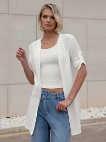 SHEIN Essnce Women Summer Long Beach Holiday Loose And Breathable Seven-Sleeve Pocket Shirt Jacket With Sun Protection - White - View 4
