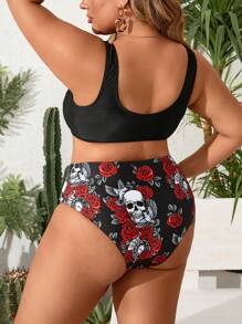SHEIN Swim Curve Grote maten dames zomer strandvakantie tankiniset met bloemenschedelprint en mesh cover-up met korte mouwen