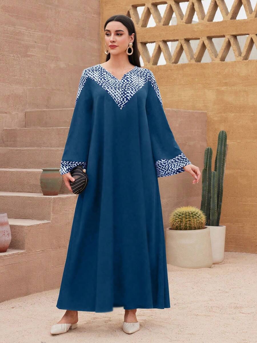 Al Najma 博霍風格印花拼接長裙，帶飄帶袖，適合度假和休閒 - 藍色 - 查看 1