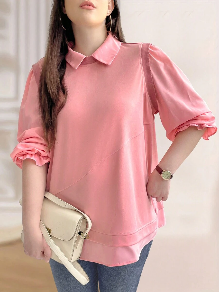 SHEIN Unity Plus Size Women Summer Solid Color Turn-Down Collar Short Bubble Sleeve Loose T-Shirt