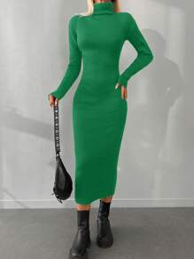 EURMUSE Turtleneck Ribbed Knit Bodycon Jumper Dress Without Belt - Green - View 4