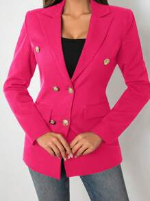 RueChic Lapel Neck Double Breasted Blazer - Hot Pink - View 7