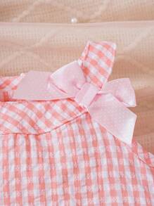 SHEIN Vintaside Kids Bộ áo không tay và quần short vải gingham thêu hoa dễ thương cho bé gái mùa xuân hè - Nhiều màu - Xem 5
