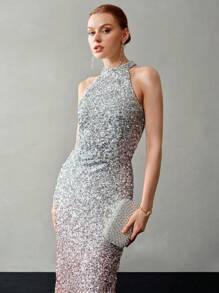 MOTF PREMIUM OMBRE SEQUINS HALTER NECK DRESS,HOLIDAY PARTY BIRTHDAY FORMAL EVENING OCCASSION - Silver - View 5