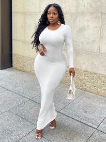 Slaydiva Casual rode bodycon maxi-jurk met ronde hals, celebrity-stijl