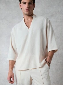 Forever 21 Men's Loose-Fit Half-Button Linen-Like Shirt And Pants Two-Piece Set In Apricot - Apricot - View 2