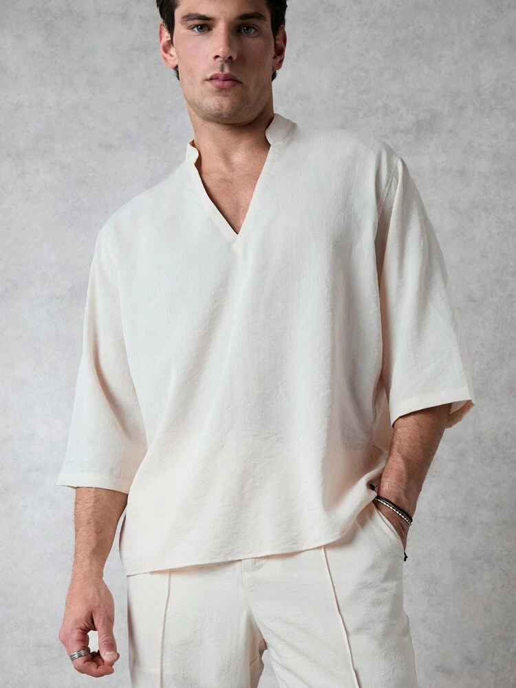 Men's Loose-Fit Half-Button Linen-Like Shirt And Pants Two-Piece Set In Apricot