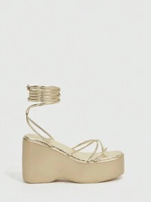 CUCCOO SZL 女士户外金色厚底情人节系带坡跟凉鞋夏季度假鞋派对坏人时尚别致华丽风格圣诞节秋季新年假期 - 金色 - 查看 3