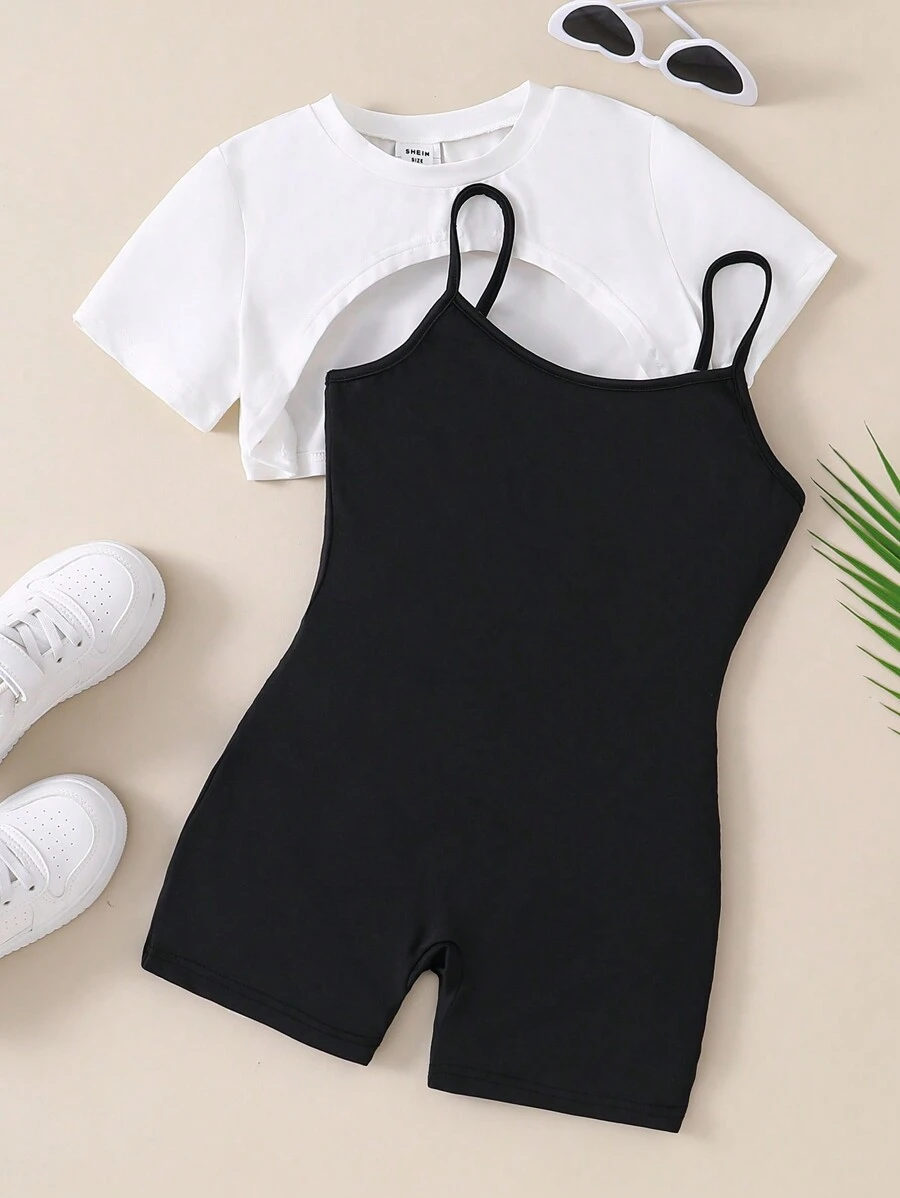 Tween Girl White Cropped T-Shirt And Black Suspender Jumpsuit, Casual Summer Streetwear 2pcs Set,Holiday,Travel