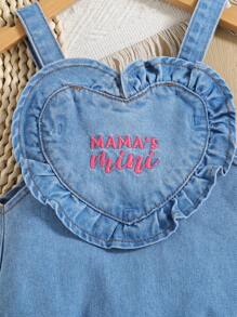 SHEIN Salopette in denim per bambine con motivo 'Love' e ricamo con lettere, adatte per esterni e tempo libero, tessuto lavato ad acqua confortevole