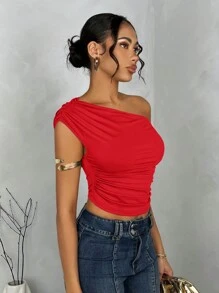 SHEIN BAE Women's Solid Color Ruched Asymmetrical Neck Asymmetrical Summer Blouse,Valentine's Day,Valentine Outfits For Women - Red - View 4