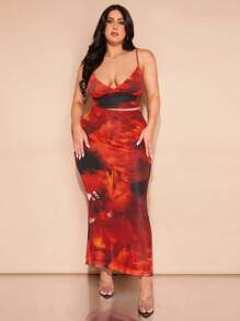 SHEIN BAE Conjunto de dos piezas con camisola estampada y falda larga para las vacaciones de verano de mujeres de talla grande
