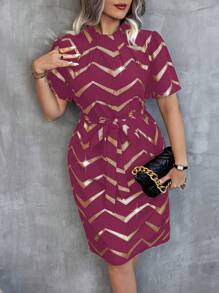 SHEIN Clasi Plus Size Geometric Print Waist Cinched Short Sleeve Summer Dress With Belt - Burgundy - View 1