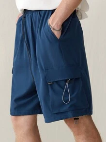 Manfinity VCAY 男士純色束腰側口袋休閒夏季短褲 - 藍色 - 查看 1