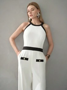 MOTF PREMIUM CONTRAST BINDING SLANT POCKET SEAM FRONT HALTER JUMPSUIT - Black and White - View 4