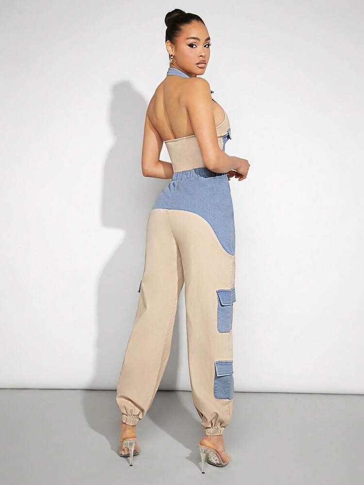 Colorblock Backless Zip Halter Cargo Jumpsuit For Summer