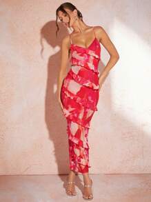 SHEIN BAE 女士時尚波浪邊肩帶中長禮服 - 玫紅色 - 查看 7