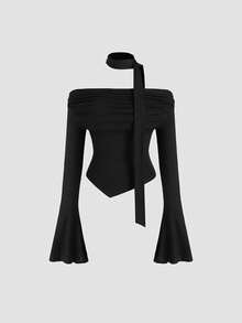 Crop top de manga larga para mujer con shorts adjuntos - Negro - Ver 2