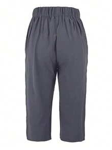 Pantalones capri casuales de mujer de unicolor, de pierna recta y cintura elástica - Gris Oscuro - Ver 2