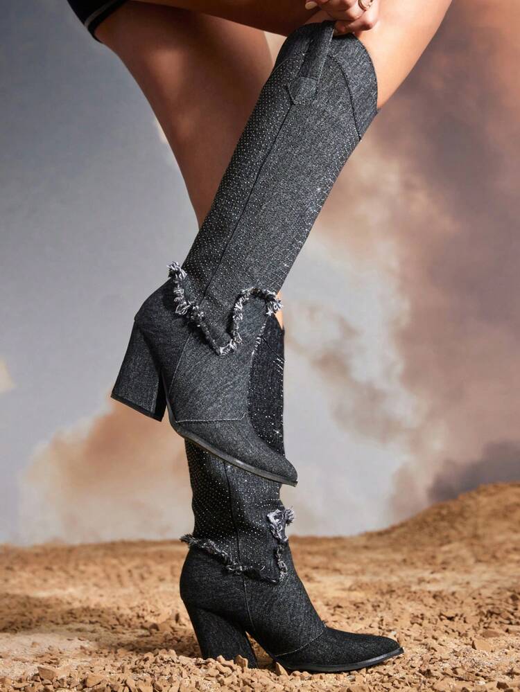Woman Shoes Fashion Fringe Rhinestone Decoration Denim Black Over Knee Western Boots Valentine's Day