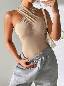 SHEIN Essnce Bộ đồ liền thân không tay cổ chéo dành cho nữ có mũ trùm đầu, kiểu dáng ôm vừa vặn, kiểu dáng vùng đất hoang - Màu Khaki - Xem 5