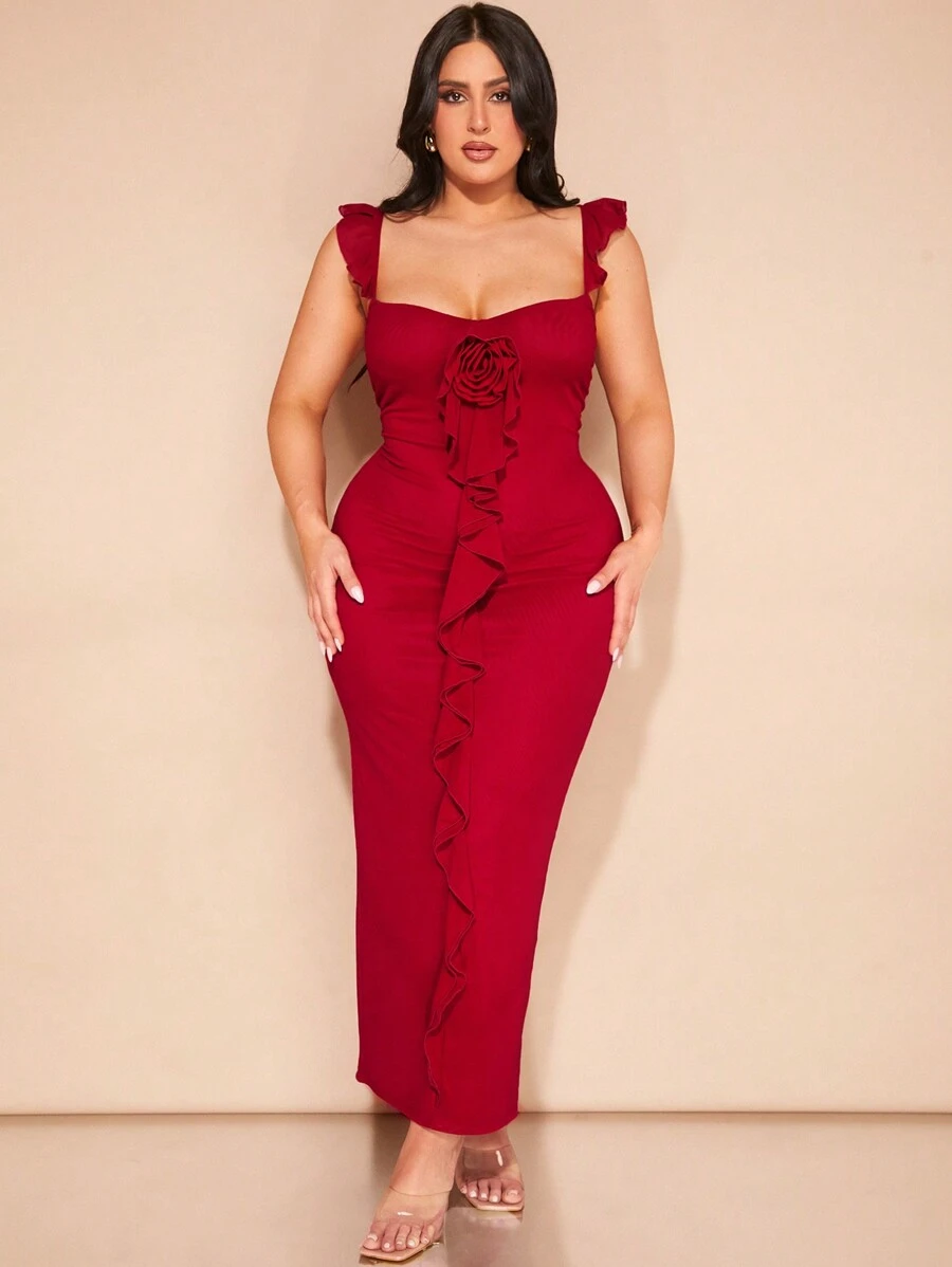 SHEIN BAE Plus Size Women Elegant Wine Red Ruffle Trimmed Strappy Dress - Burgundy - View 1