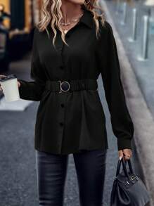 SHEIN LUNE Women's Solid Color Simple Long Sleeve Shirt Fall Cloth For Women - Black - View 6