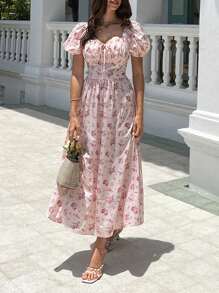 KARISMINA Holiday Women's Floral Print Puff Short Sleeve Dress,For Summer Vacation, Women Summer Clothing