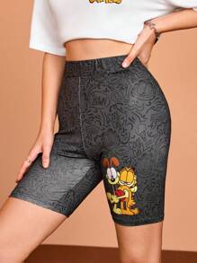 GARFIELD X SHEIN Women Casual Sports Cartoon Printed Elastic Waist Cycling Shorts Workout Black Leggings For Summer