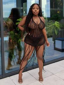 Slaydiva Vestido de estilo playero de ganchillo con flecos y tejido calado - Negro - Ver 5