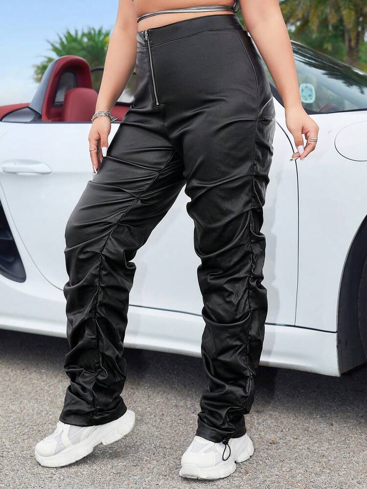 Plus Size Women Streetwear Sexy High Rise Eye-Catching Wrinkled Drawstring Elastic Cuffs Black Pants