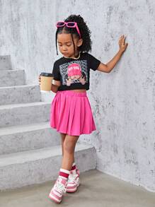SHEIN Wildeya Conjunto De Duas Peças Com Estampa De Personagens Para Meninas (pequenas) De Manga Curta E Saia Plissada