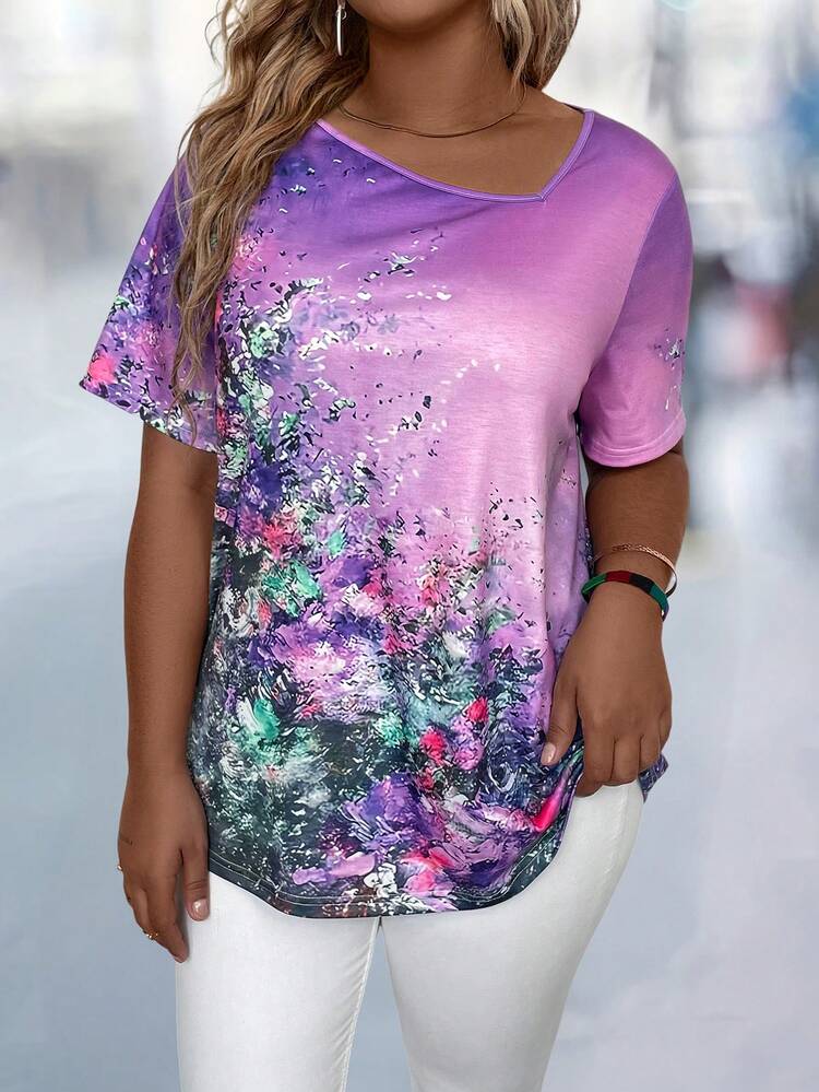 Plus Size Women Tie-Dyed Printed Short Sleeve Asymmetrical Collar Casual T-Shirt For Summer