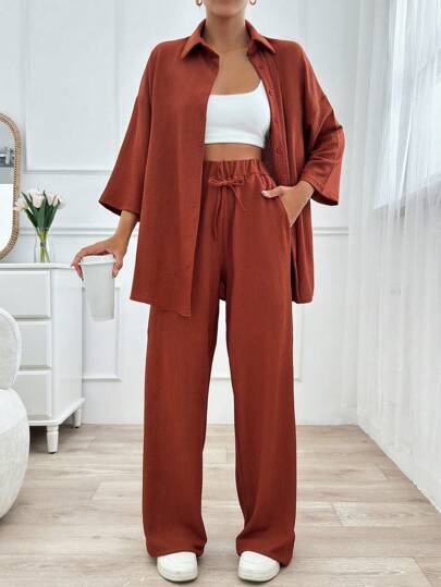 EURMUSE Solid Color Long Sleeve Shirt And Pants Two Pieces Pant And Top